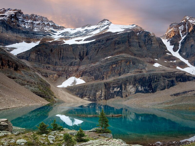 Mountain Lake Reflection — Blue, Serene, Sunset, Photograph, Snow, Trees