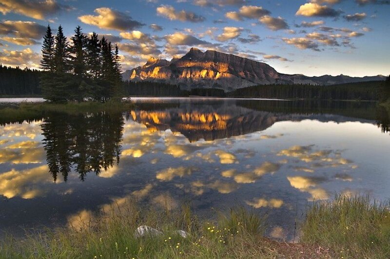 Mountain Lake Reflection — Blue, Serene, Sunset, Photograph