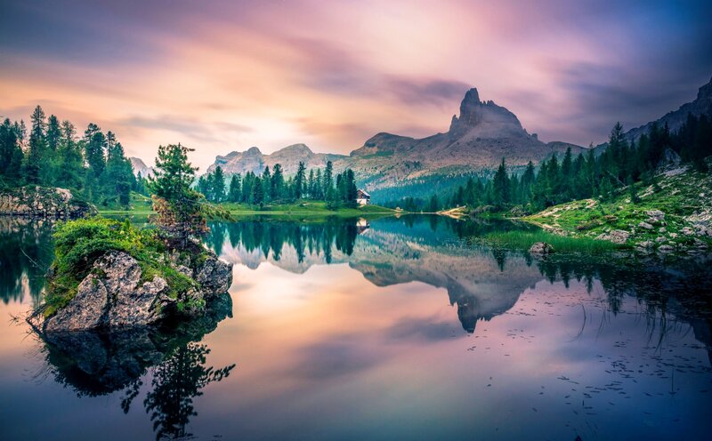 Mountain Lake Reflection — Blue, Serene, Sunset, Photograph, Trees, Mountains, Cabin