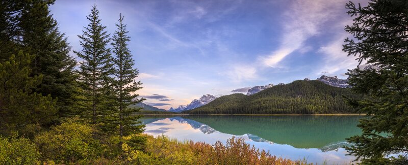 Mountain Lake Reflection — Blue, Serene, Sunset, Photograph, Trees, Mountains, Forest, Sky