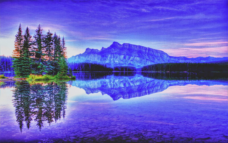 Mountain Lake Reflection — Blue, Serene, Sunset, Photograph, Trees, Mountains, Sky