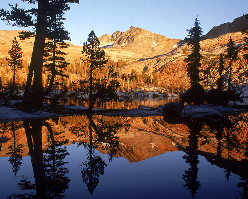 Mountain Lake Reflection — Blue, Serene, Sunset, Photograph, Trees, Mountains, Snow