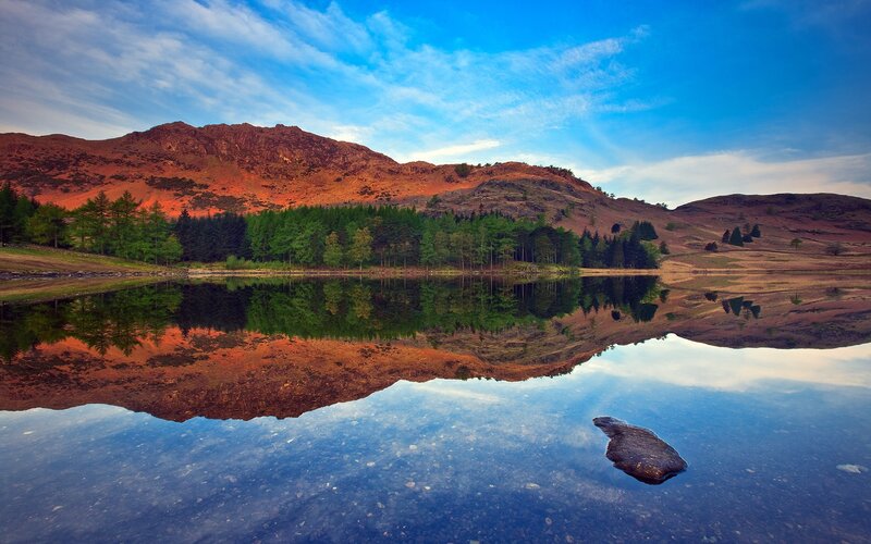 Mountain Lake Reflection — Blue, Serene, Sunset, Photograph, Trees, Rock, Green, Brown