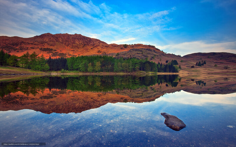 Mountain Lake Reflection — Blue, Serene, Sunset, Photograph, Trees, Rock