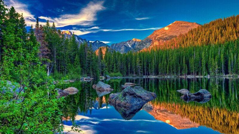 Mountain Lake Reflection — Blue, Serene, Sunset, Photograph, Trees, Rocks, Mountains, Green, Brown