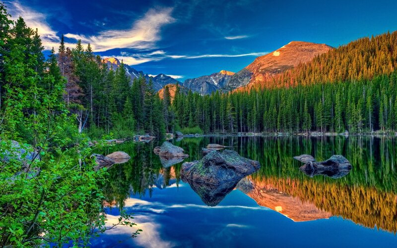 Mountain Lake Reflection — Blue, Serene, Sunset, Photograph, Trees, Rocks, Mountains, Green, Orange