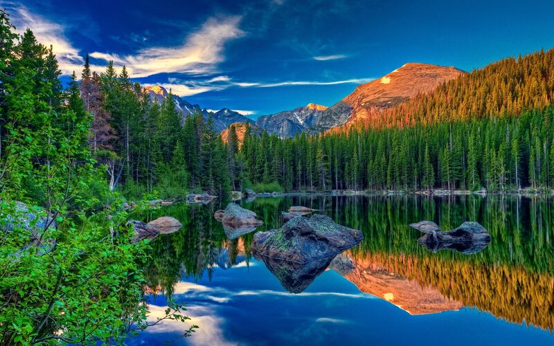 Mountain Lake Reflection — Blue, Serene, Sunset, Photograph, Trees, Rocks, Mountains
