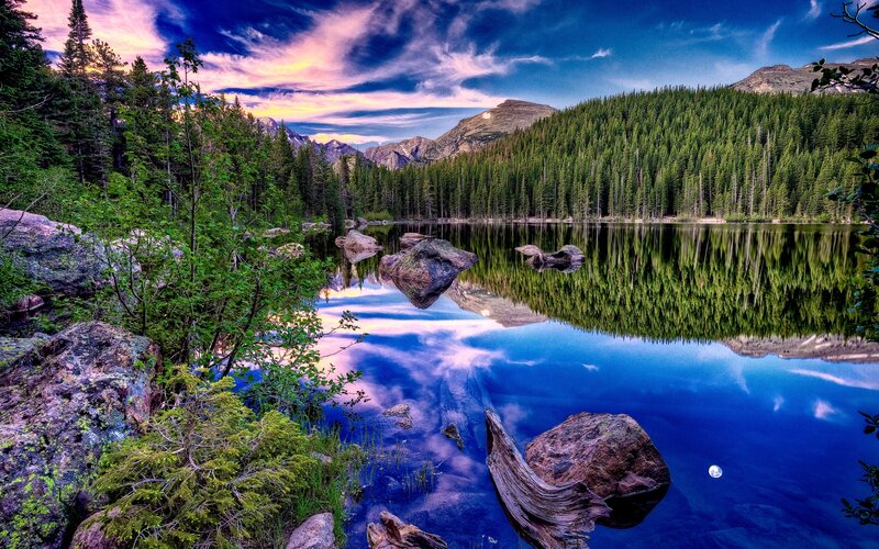 Mountain Lake Reflection — Blue, Serene, Sunset, Photograph, Trees, Rocks