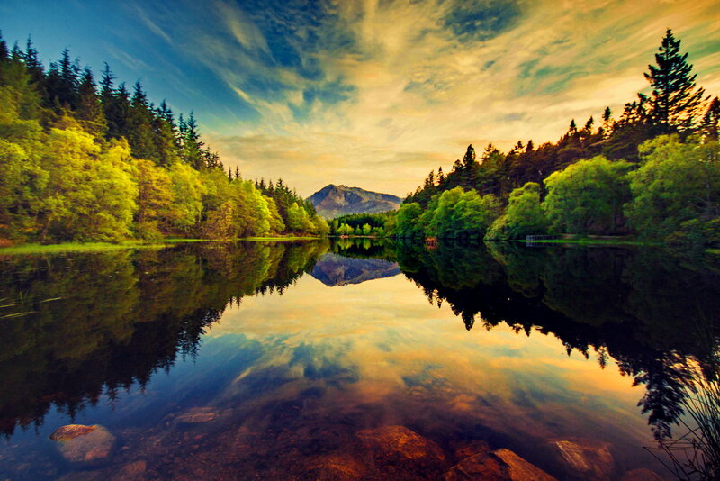 Mountain Lake Reflection — Blue, Serene, Sunset, Photograph, Trees, Sky