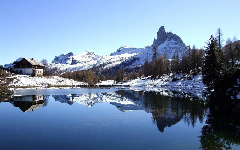 Mountain Lake Reflection — Blue, Serene, Winter, Photograph, Cabin