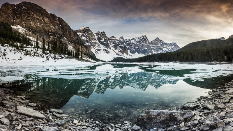 Mountain Lake Reflection — Blue, Serene, Winter, Photograph, Snow-capped Mountains, Evergreen Trees