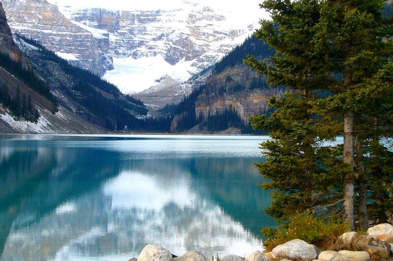 Mountain Lake Reflection — Blue, Serene, Winter, Photograph, Trees