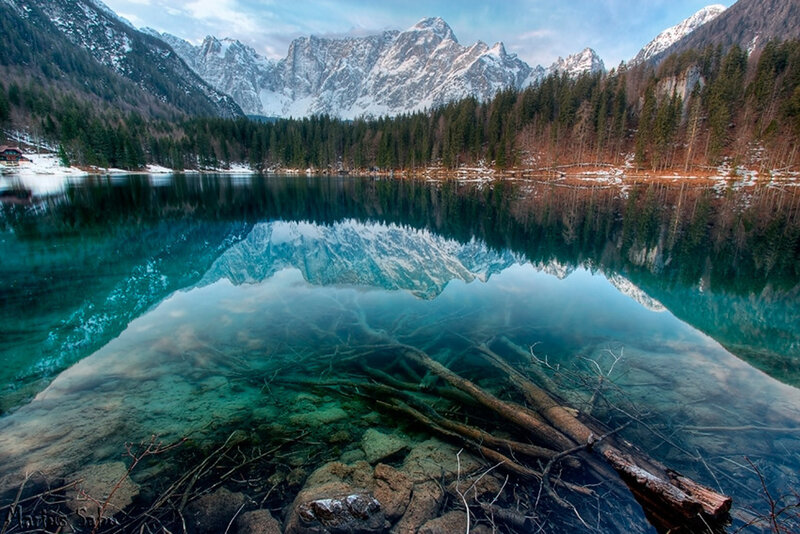 Mountain Lake Reflection — Blue, Serene, Winter