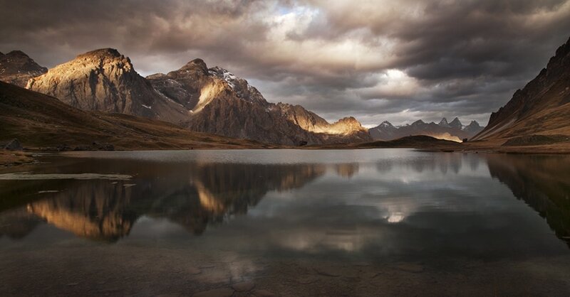 Mountain Lake Reflection — Brown, Dramatic