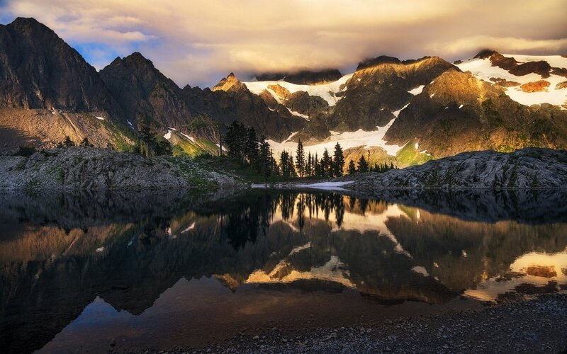 Mountain Lake Reflection — Brown, Serene, Sunset, Photograph
