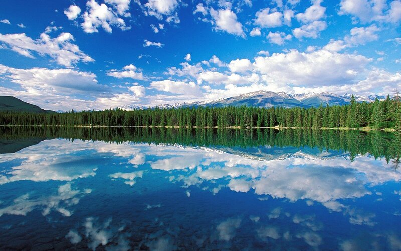 Mountain Lake Reflection — Clouds, Trees
