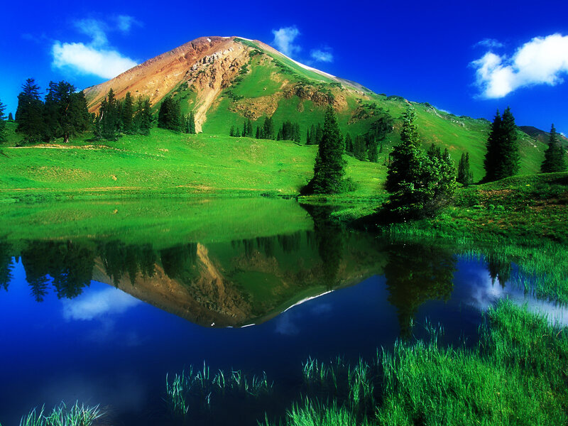 Mountain Lake Reflection — Grass, Green