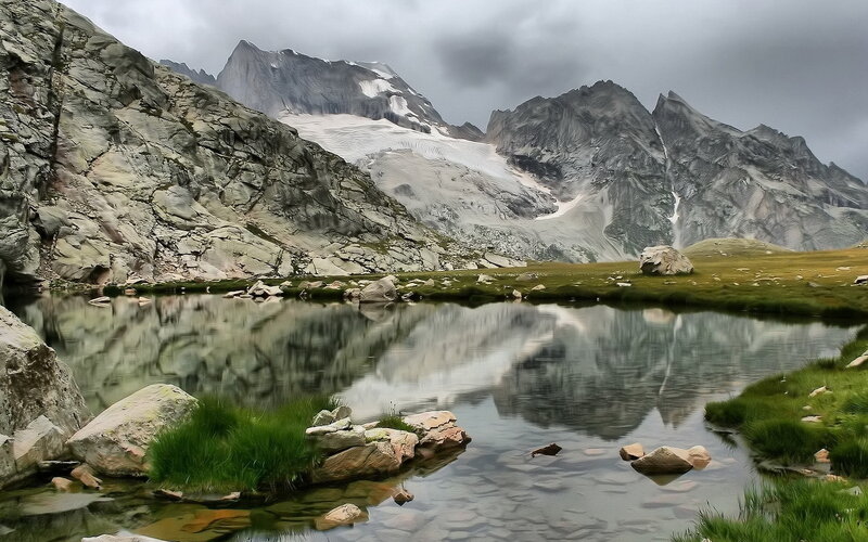 Mountain Lake Reflection — Gray, Dramatic