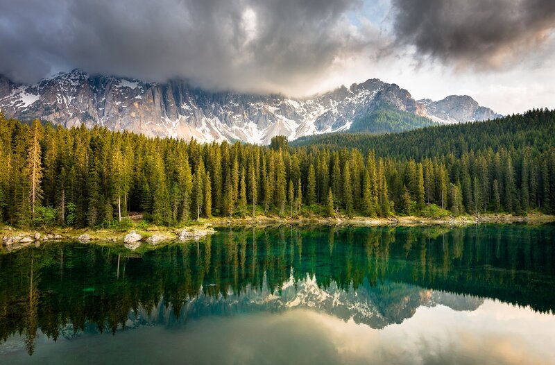Mountain Lake Reflection — Green, Dramatic, Afternoon, Photograph, Forest, Clouds, Snow, Blue
