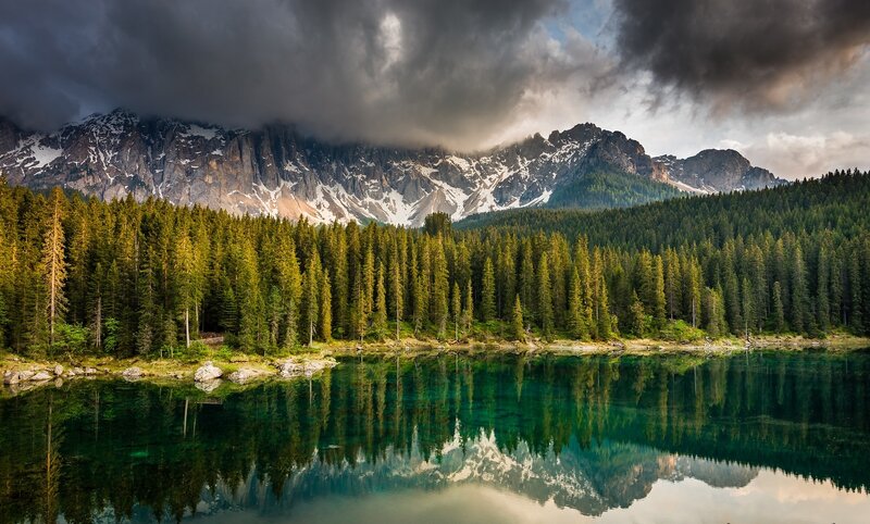 Mountain Lake Reflection — Green, Dramatic, Afternoon, Photograph, Forest, Clouds, Snow