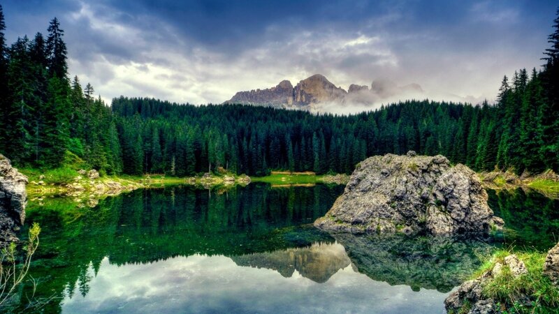 Mountain Lake Reflection — Green, Dramatic, Afternoon, Photograph, Forest, Mountains