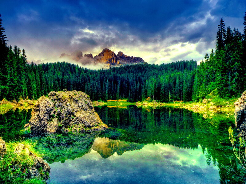 Mountain Lake Reflection — Green, Dramatic, Afternoon, Photograph, Forest, Rock