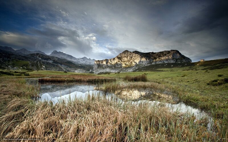 Mountain Lake Reflection — Green, Dramatic, Afternoon, Photograph, Mountains, Grass, Sky