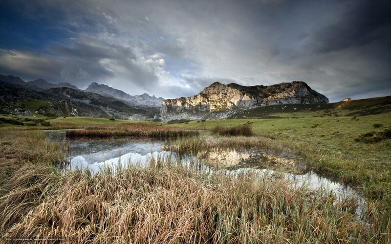 Mountain Lake Reflection — Green, Dramatic, Afternoon, Photograph, Mountains, Grass