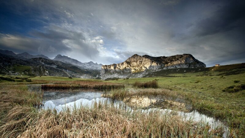 Mountain Lake Reflection — Green, Dramatic, Afternoon, Photograph, Mountains, Grassland