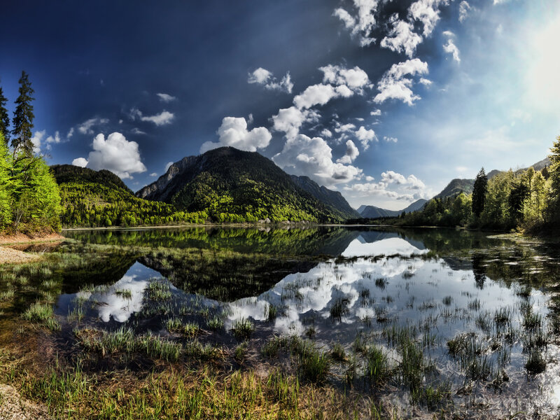 Mountain Lake Reflection — Green, Dramatic, Afternoon, Photograph, Mountains