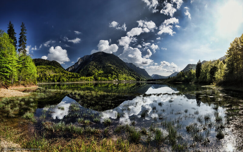 Mountain Lake Reflection — Green, Dramatic, Afternoon, Photograph, Mountains, Trees