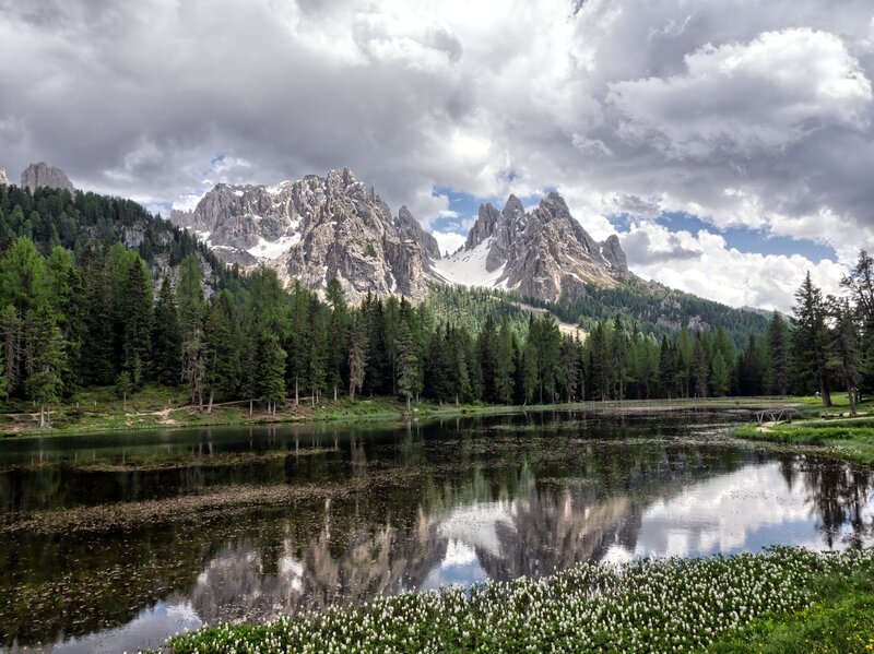 Mountain Lake Reflection — Green, Dramatic, Afternoon, Photograph, Trees, Clouds, Snow