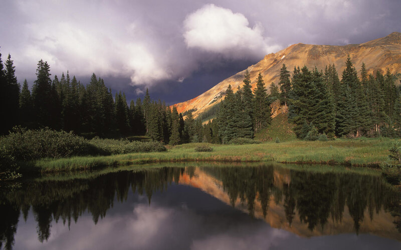 Mountain Lake Reflection — Green, Dramatic, Afternoon, Photograph, Trees, Clouds
