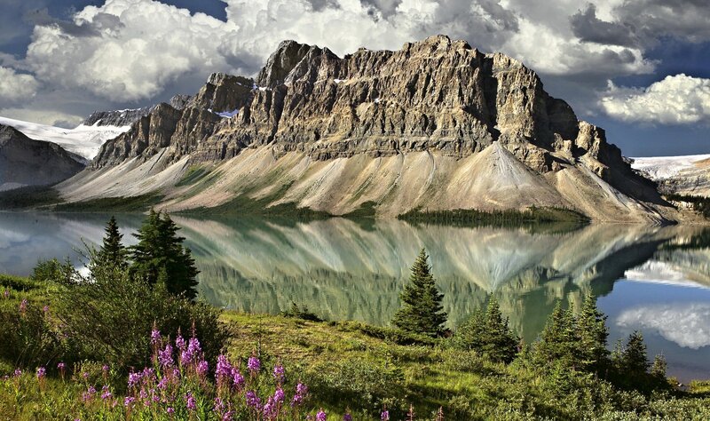 Mountain Lake Reflection — Green, Dramatic, Afternoon, Photograph, Trees, Flowers