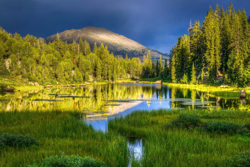 Mountain Lake Reflection — Green, Dramatic, Afternoon, Photograph, Trees, Grass