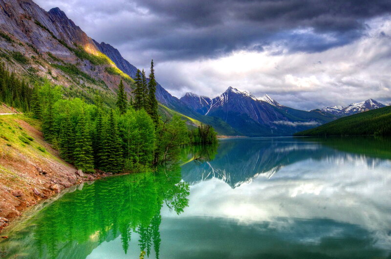 Mountain Lake Reflection — Green, Dramatic, Afternoon, Photograph, Trees, Mountains, Clouds