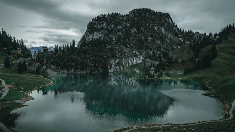 Mountain Lake Reflection — Green, Dramatic, Autumn, Photograph, Forest, Clouds