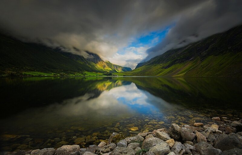 Mountain Lake Reflection — Green, Dramatic, Morning