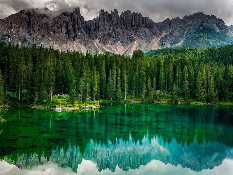 Mountain Lake Reflection — Green, Dramatic, Photograph, Forest, Mountains