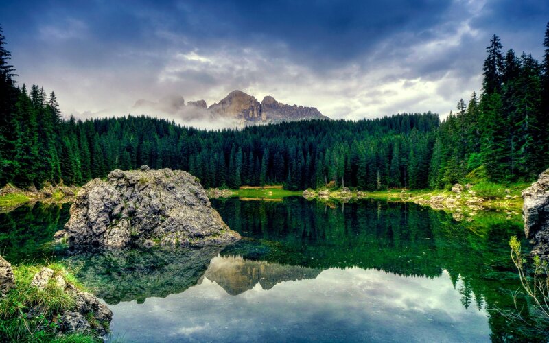 Mountain Lake Reflection — Green, Dramatic, Photograph, Forest, Rock, Clouds