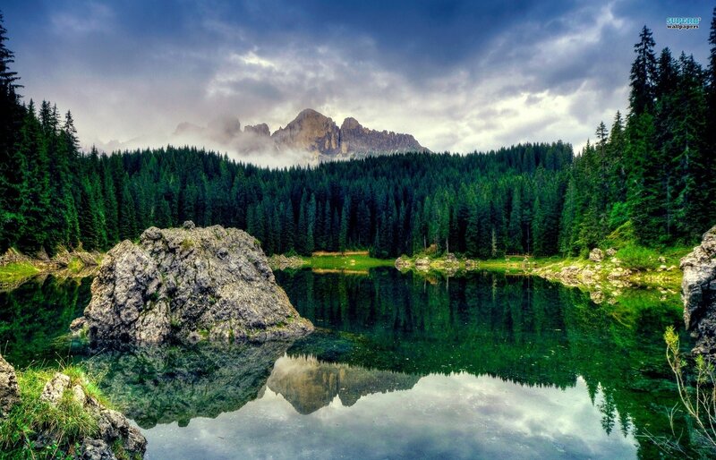 Mountain Lake Reflection — Green, Dramatic, Photograph, Forest, Rock