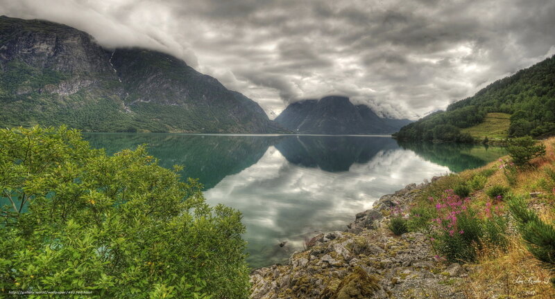 Mountain Lake Reflection — Green, Dramatic, Photograph, Mountains, Clouds