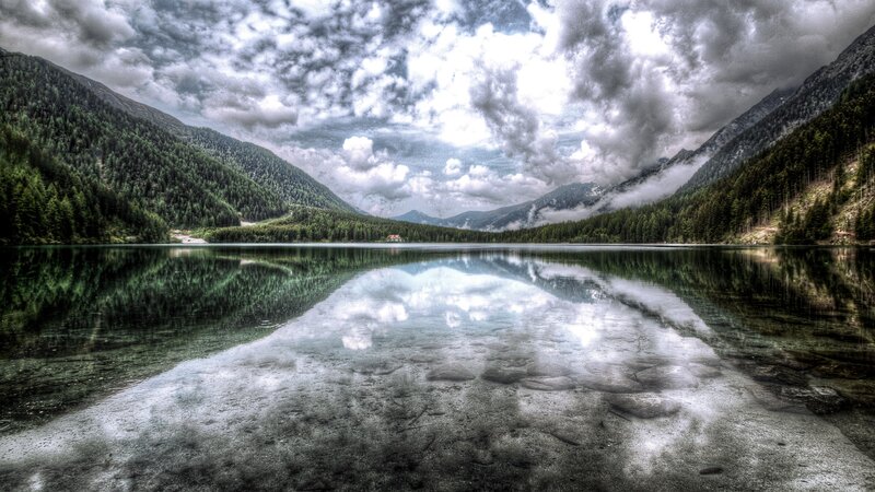 Mountain Lake Reflection — Green, Dramatic, Photograph, Mountains, Forest, Clouds