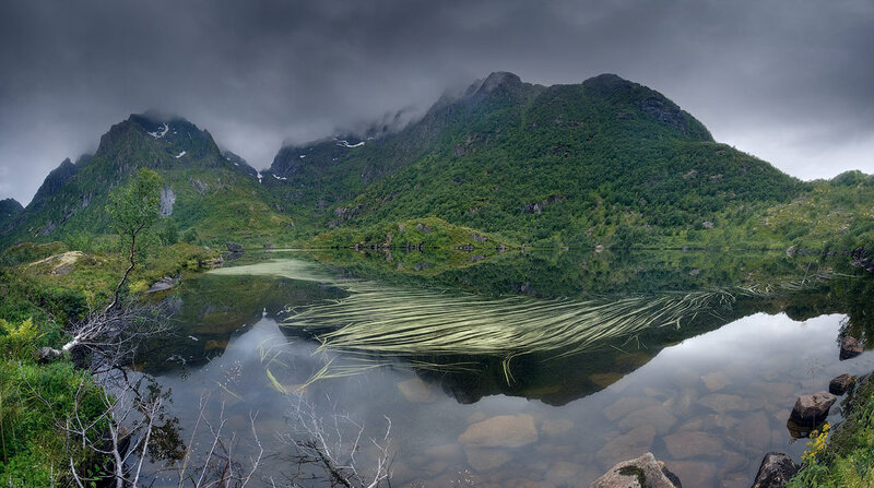 Mountain Lake Reflection — Green, Dramatic, Photograph, Mountains, Trees