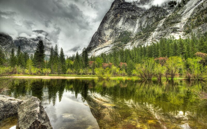Mountain Lake Reflection — Green, Dramatic, Spring, Photograph, Trees, Clouds