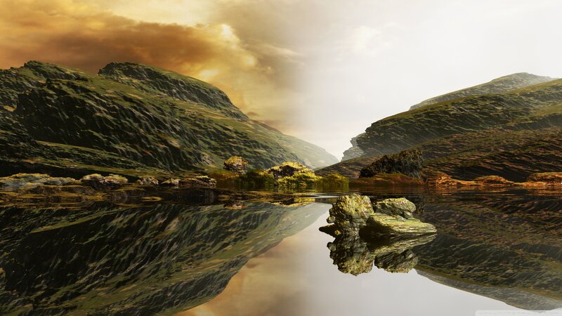 Mountain Lake Reflection — Green, Dramatic, Sunset, Digital Art