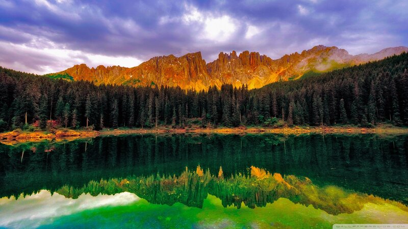 Mountain Lake Reflection — Green, Dramatic, Sunset, Photograph, Forest, Clouds, Mountains, Blue, Yellow