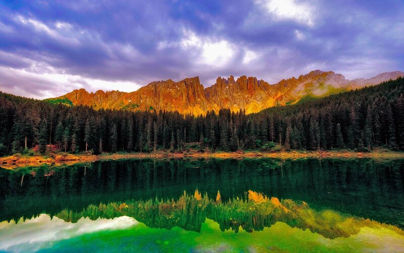 Mountain Lake Reflection — Green, Dramatic, Sunset, Photograph, Forest, Clouds, Mountains