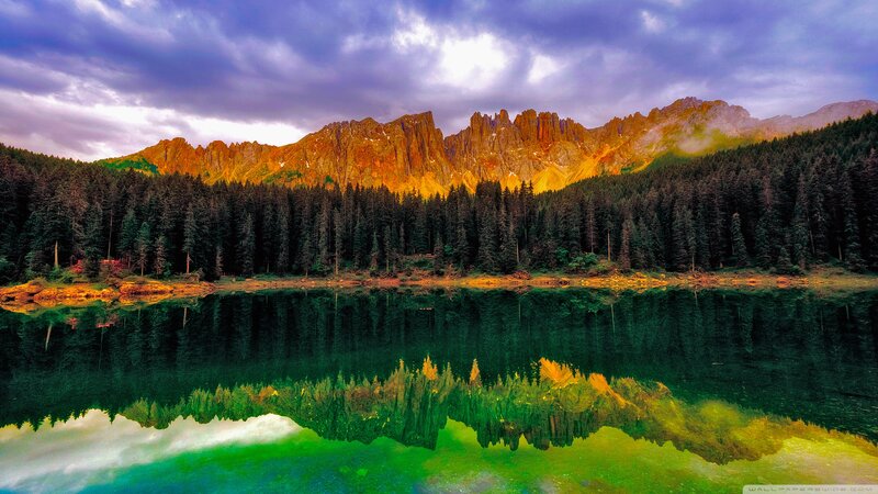 Mountain Lake Reflection — Green, Dramatic, Sunset, Photograph, Forest, Clouds