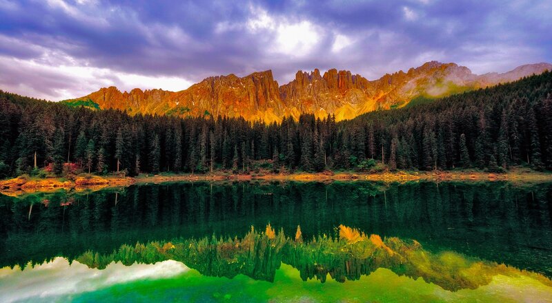 Mountain Lake Reflection — Green, Dramatic, Sunset, Photograph, Forest
